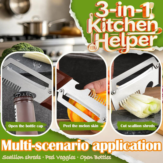Hendiy 3-in-1 Vegetable Peeler, Wood Handle Stainless Steel Wide Blade Peeler with Scallion Shredder & Bottle Opener, Ultra-Sharp Multi-Function Veggie Peeler for Kitchen, Camping & Travel (1 Pack)