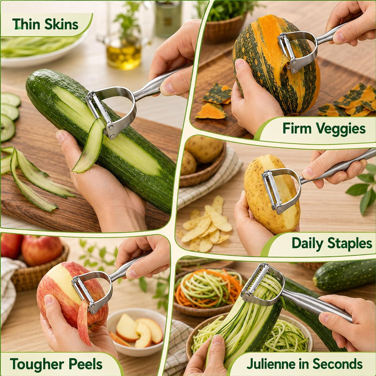 Stainless Steel Vegetable Peeler, 2-in-1 Peeler and Julienne Shredder Tool with Dual-Sided 420J2 Sharp Blade That Replaces Two Tools for Carrots, Cabbage, Potatoes, Cucumber, 5.6-Inch Ergonomic Handle