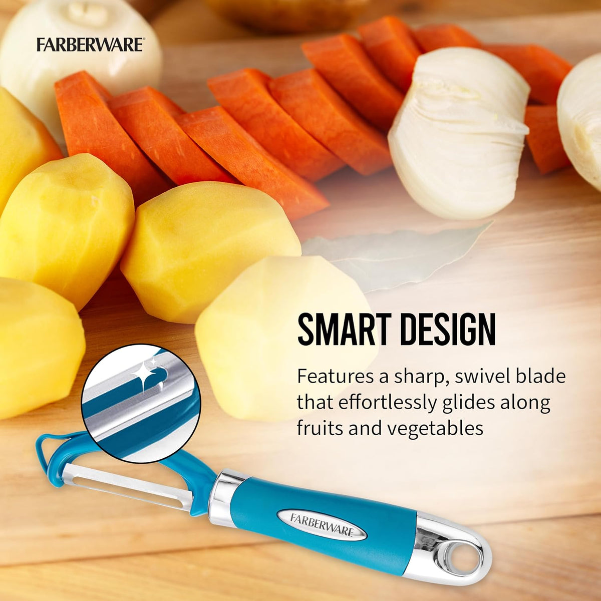 Farberware Pro2 Euro Vegetable Peeler with Ergonomic Handle, Razor-Sharp Stainless Steel Swivel Blade, Dishwasher Safe Kitchen Peeler for Potatoes, Fruits, Veggies - Dark Teal