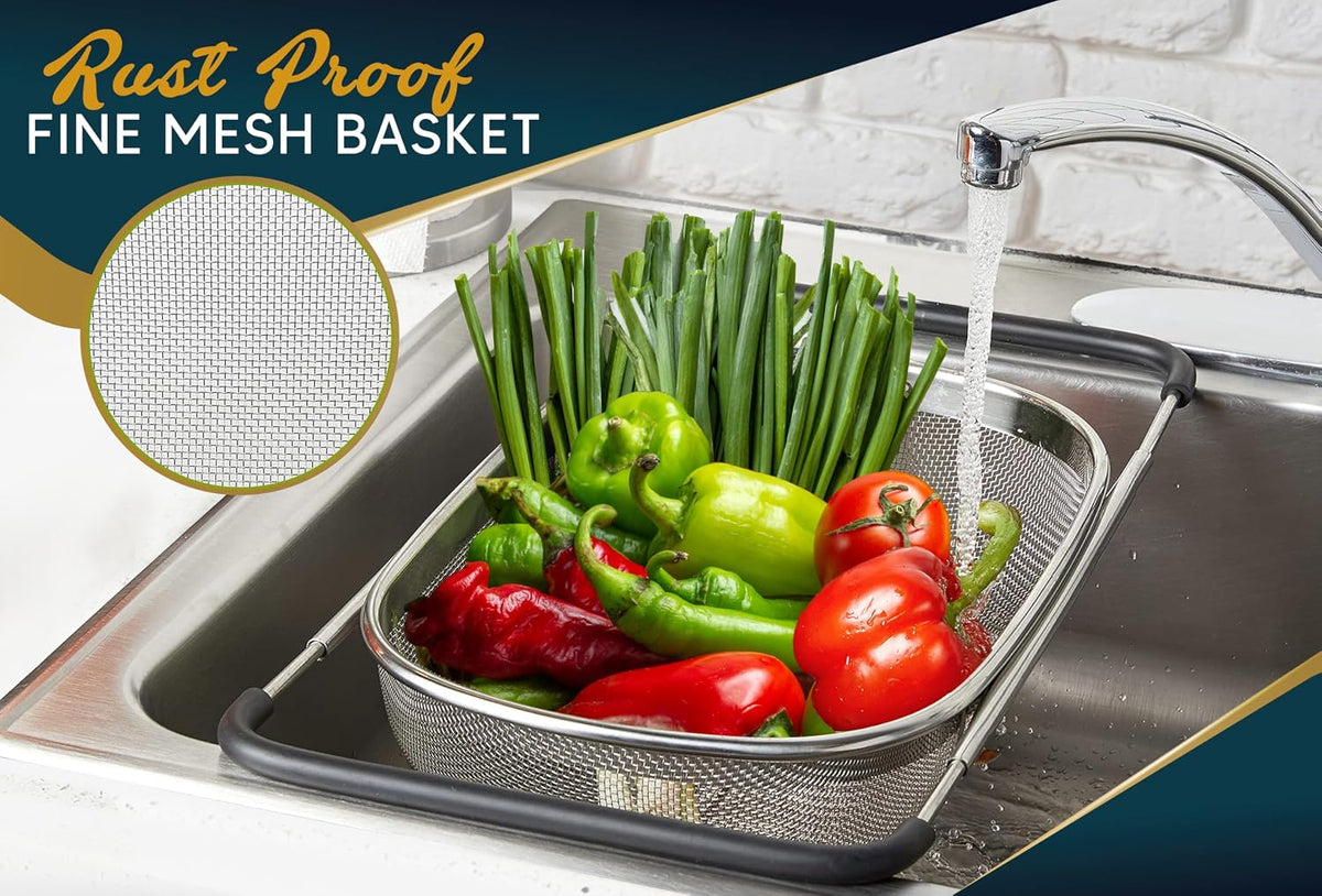 Over the Sink Colander for Kitchen - 6 Quart Over the Sink Strainer Basket with Extendable Ergonomic Handles and Resting Feet - Multipurpose Fine Mesh Strainer for Kitchen