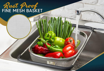 Over the Sink Colander for Kitchen - 6 Quart Over the Sink Strainer Basket with Extendable Ergonomic Handles and Resting Feet - Multipurpose Fine Mesh Strainer for Kitchen
