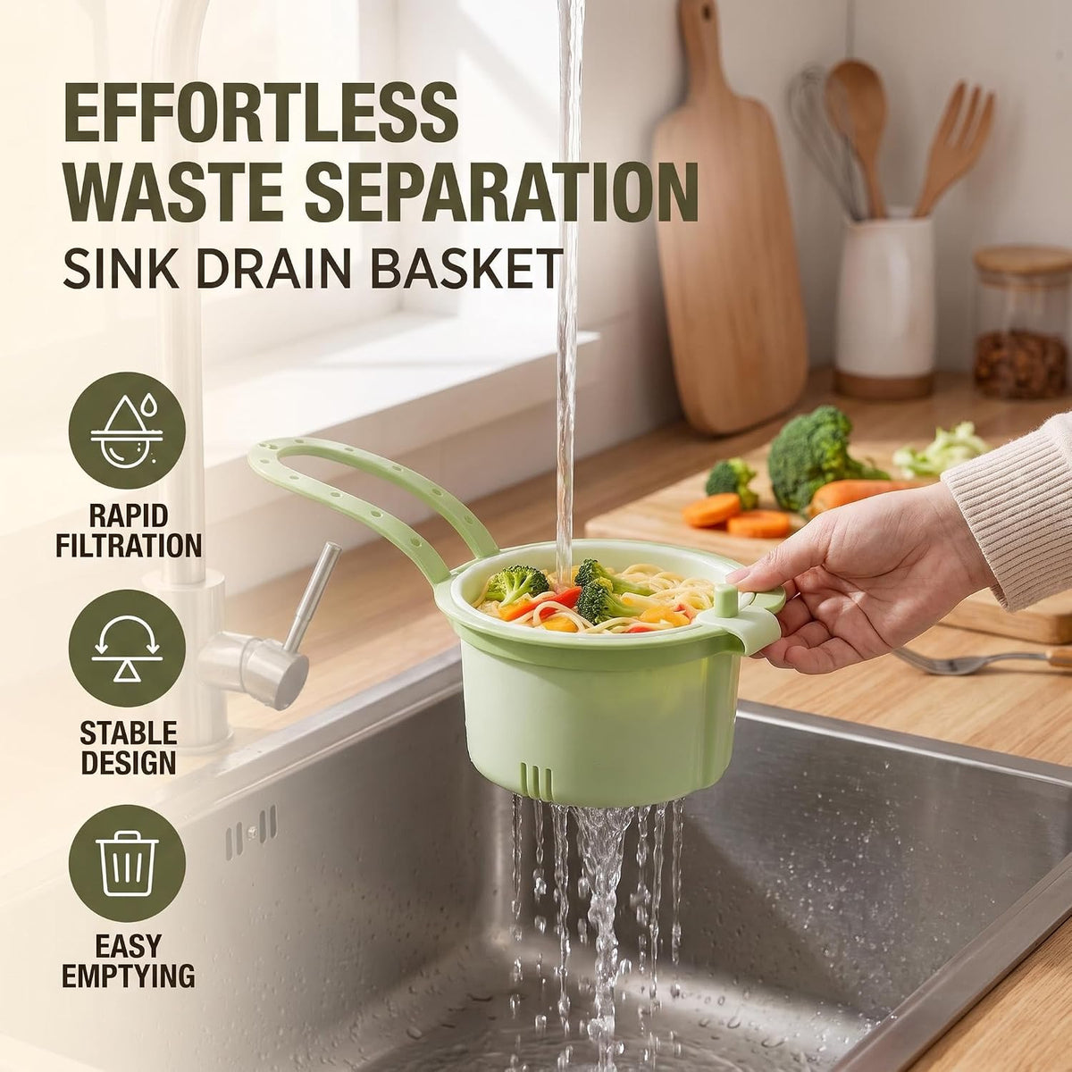 Kitchen Hanging Sink Drain Basket, Sink Drain Strainer Self Cleaning Faucet Hanging Filter Basket, Multifunctional Kitchen Sink Strainer Press Automatic Dumping Basket