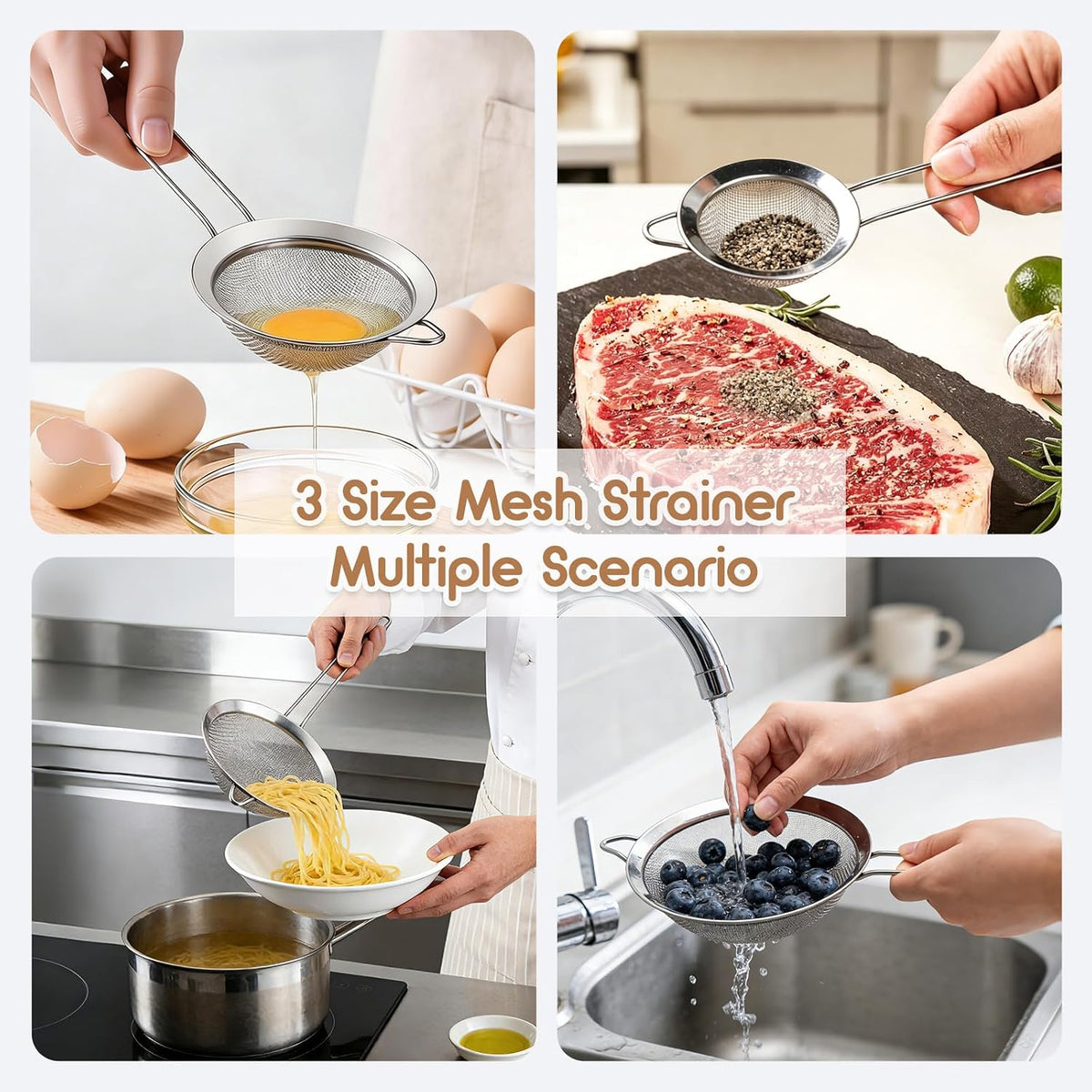 Fine Mesh Strainer Set of 3, Stainless Steel Sieve Sifters with handle, Medium Small Mini Size, Kitchen Strainers Colander Set for Sifting, Straining & Cooking(2.2"/3.9"/5.5")