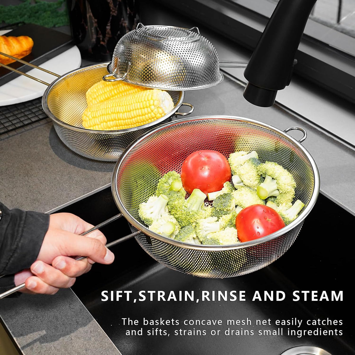 Metal Fine Mesh Strainer and Colander for Kitchen with Handle, Stainless Steel Pasta Strainer/Kitchen Funnel/Collander/Sifter for Strain/Wash Vegetables, Fruits, Spaghetti, Rice (10.2＂)