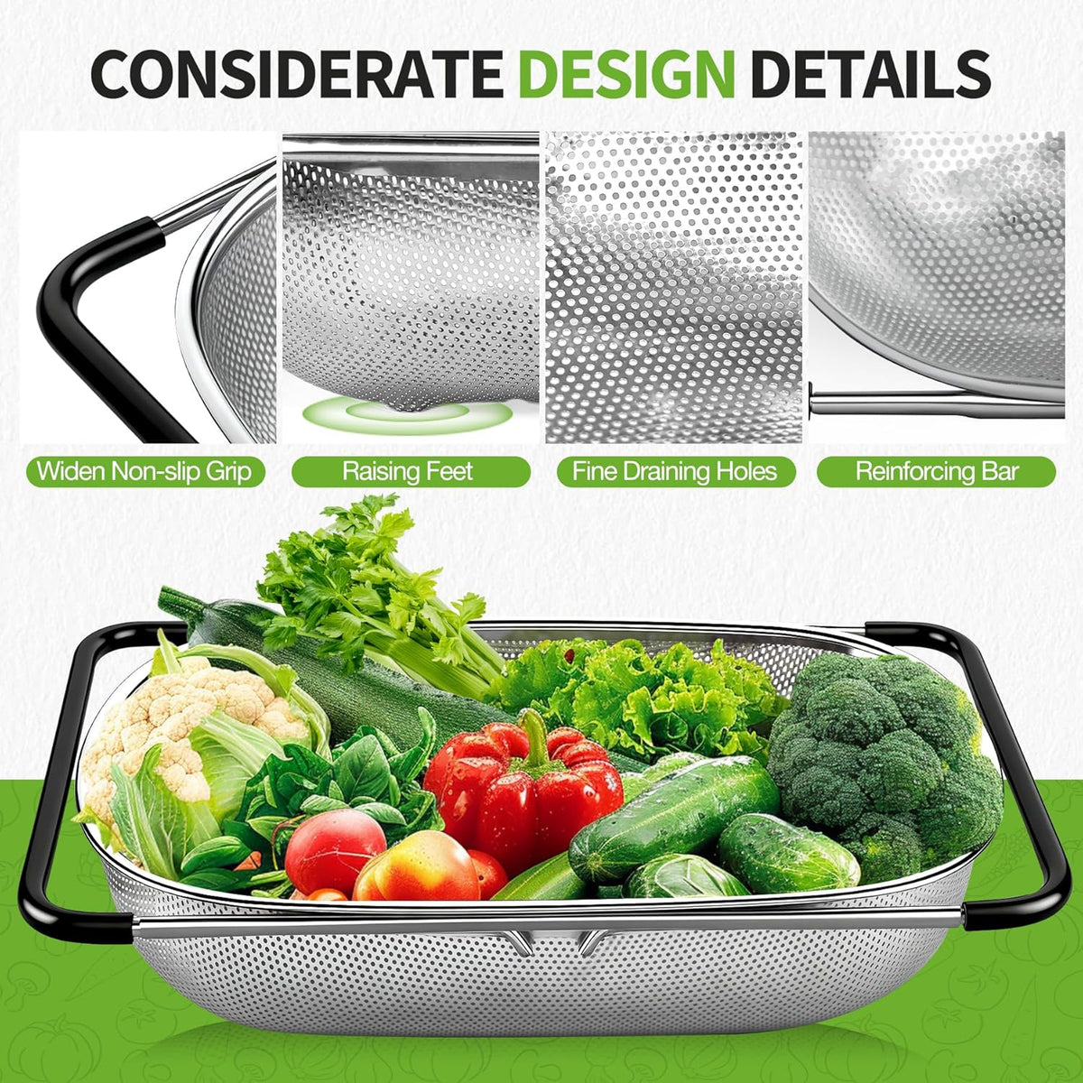 FirstE Stainless Steel Over the Sink Colander Strainer Basket 6 Quart