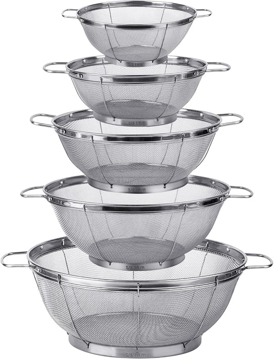 5 Pack 18/8 Stainless Steel Colander Sieves, Multi Size Mesh Strainer Net Baskets with Handles & Resting Base for Strain, Drain, Rinse or Steam