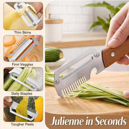 Upgrade Vegetable Peeler and Julienne Peeler Set, 2-Pcs Multifunctional Stainless Steel Veggie Peelers for Kitchen with Wood Handles & Built-in Bottle Opener, Sharp Potato, Carrot & Scallion Shredder