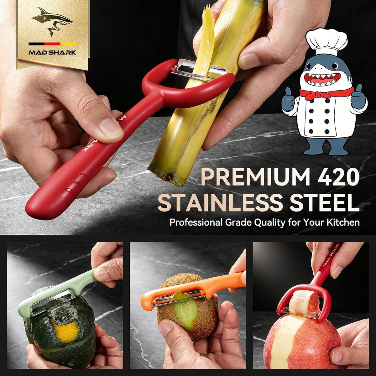 MAD SHARK 3-Piece Vegetable Peeler Set, Straight & Serrated Potato Peelers