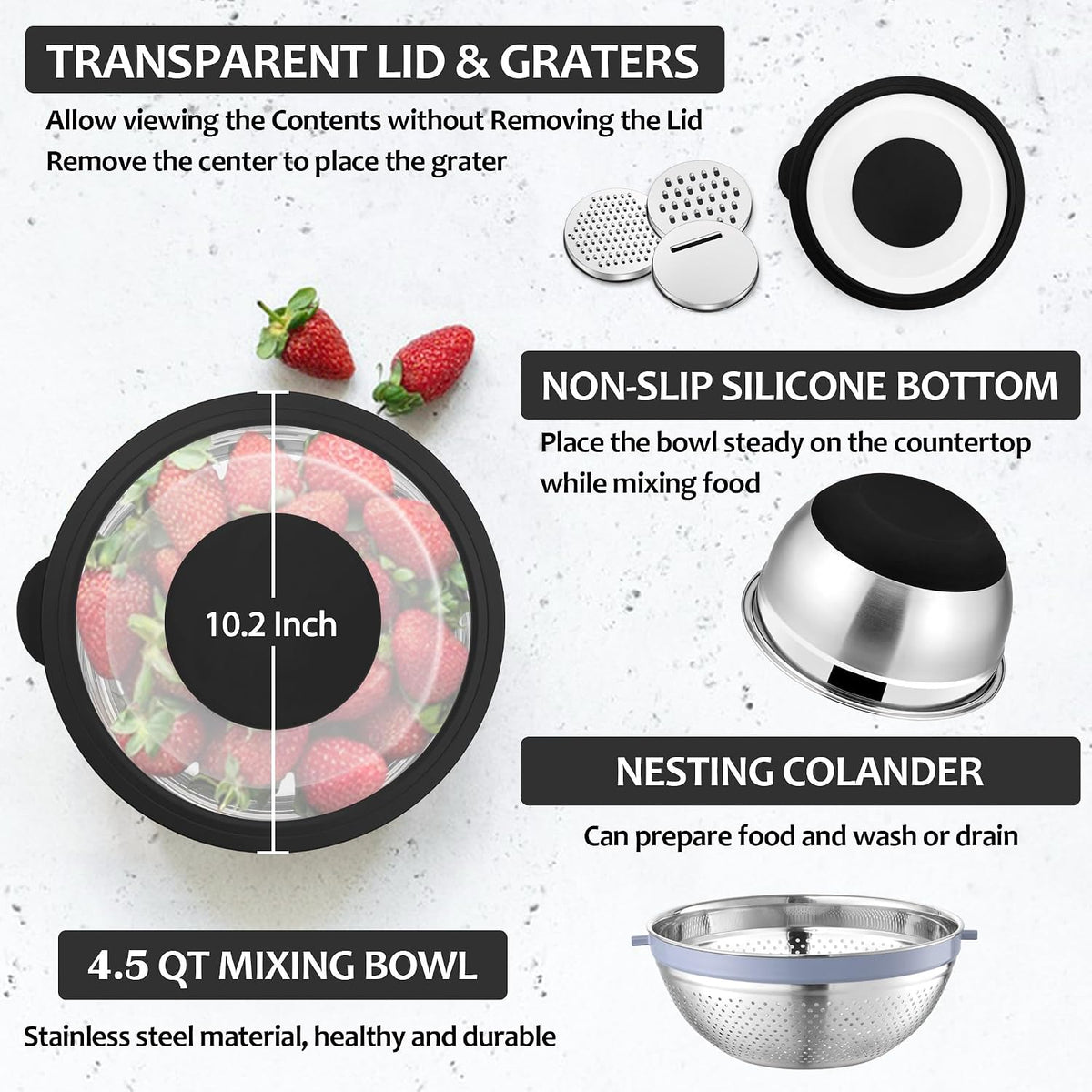 E-far Colander with Mixing Bowl Set, 4-1 Stainless Steel Kitchen Strainer