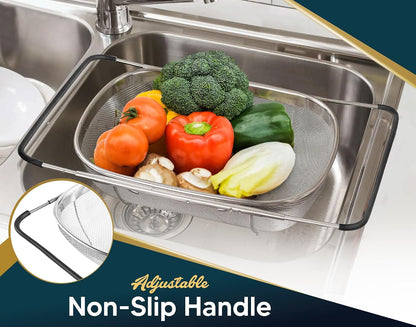 Over the Sink Colander for Kitchen - 6 Quart Over the Sink Strainer Basket with Extendable Ergonomic Handles and Resting Feet - Multipurpose Fine Mesh Strainer for Kitchen