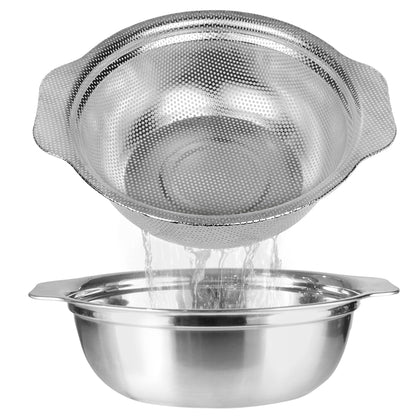 Stainless Steel Colander for Kitchen, 2.5QT Rice Washer Strainer with Mixing Bowl, Colander Bowl Set with Microporous for Washing Rice, Pasta, Spaghetti, Fruits, Dishwasher Safe(2PC)