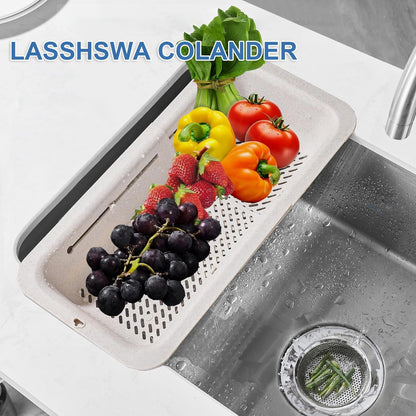 LASSHSWA Collapsible Colander for Kitchen, Over the Sink Strainer Basket for Kitchen, Fruit Pasta Food Strainer Expandable Plastic Colander BPA Free (Straw)