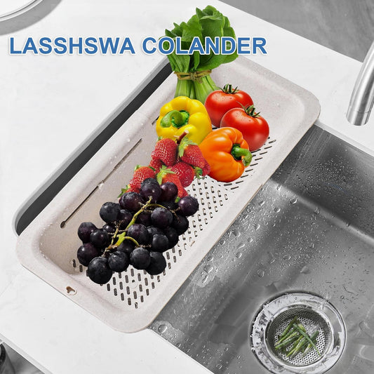 LASSHSWA Collapsible Colander for Kitchen, Over the Sink Strainer Basket for Kitchen, Fruit Pasta Food Strainer Expandable Plastic Colander BPA Free (Straw)