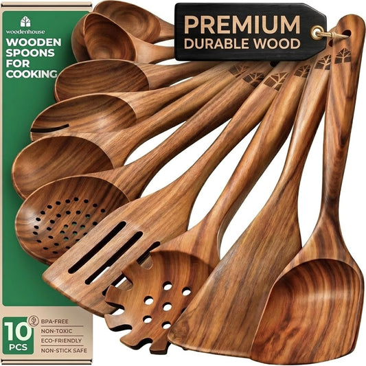 Wooden Spoons for Cooking – 10 Pcs Non Toxic Teak Kitchen Utensils Set