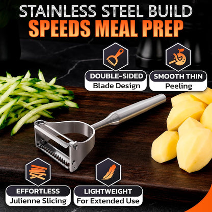 Stainless Steel Vegetable Peeler, 2-in-1 Peeler and Julienne Shredder Tool with Dual-Sided 420J2 Sharp Blade That Replaces Two Tools for Carrots, Cabbage, Potatoes, Cucumber, 5.6-Inch Ergonomic Handle