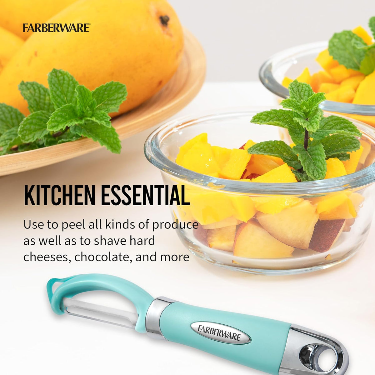 Farberware Vegetable Peeler, Pro2 Euro Peeler with Sharp Stainless Steel Swivel Blade and Ergonomic Handle, Dishwasher Safe, Aqua Sky
