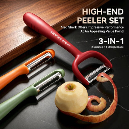 MAD SHARK 3-Piece Vegetable Peeler Set, Straight & Serrated Potato Peelers