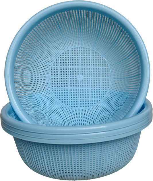 4 pcs Plastic Wash Basket Round Perforated Colander Wash Vegetables and Fruits Drain Cooked Pasta Kitchen Essentials Food Strainer Basket Strainer Kitchen Blue