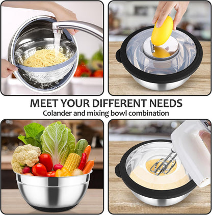 E-far Colander with Mixing Bowl Set, 4-1 Stainless Steel Kitchen Strainer