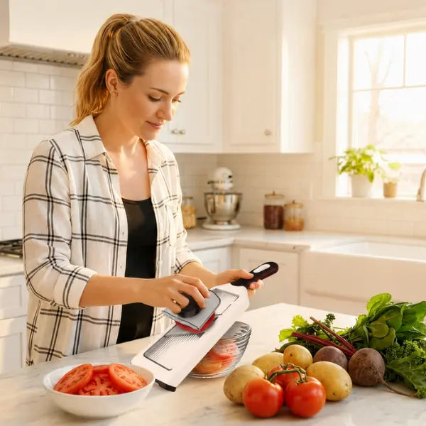Fullstar Handheld Mandoline Slicer, Adjustable Vegetable Slicer with 4 Thickness Settings, Julienne Blade & Safety Guard