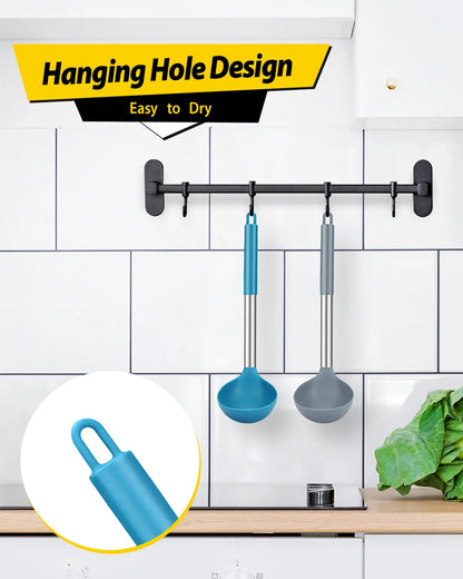 Pack of 2 Ladle Spoon,Silicone Large Spoon for Soup, Grey-Blue,Stainless,Hanging Non Stick Kitchen Utensils,For Cooking,Stirring,Serving Soups