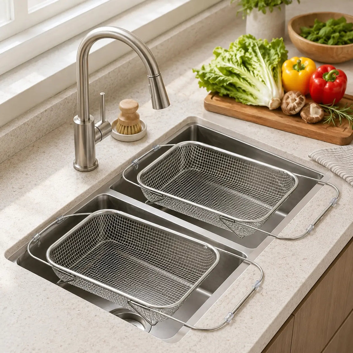 Stainless Steel Over-The-Sink Colander Strainer Basket - Expandable Rectangle Fine Mesh Kitchen Utensil with Handles, Silver Draining Kitchen Essential