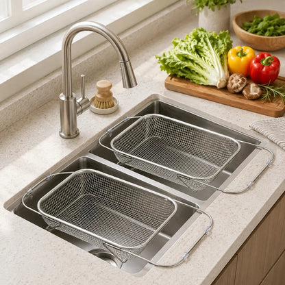 Stainless Steel Over-The-Sink Colander Strainer Basket - Expandable Rectangle Fine Mesh Kitchen Utensil with Handles, Silver Draining Kitchen Essential