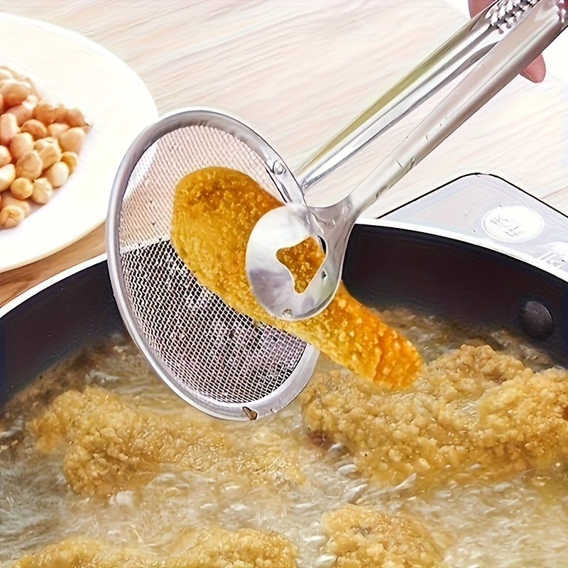 Stainless Steel Kitchen Tongs with a Built-in Strainer Design, Offering Versatile Frying Food Filtration Functionality. This High-temperature Heat-resistant Cooking Tool Is Suitable for Oil Separation and Food Serving. Usable in All 4 Seasons