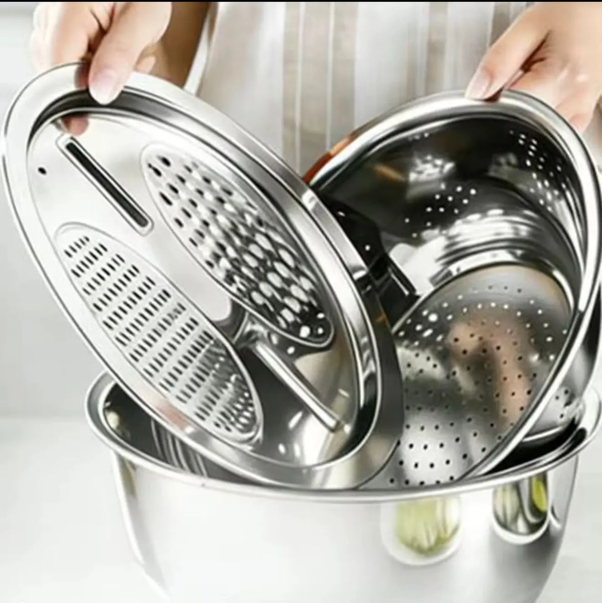 3PCS Multi-Functional Thickened Stainless Steel Bowls with Draining Basket – Perfect for Washing Veggies, Rinsing Rice, Colander & Mixing Bowl, Durable Rust-Proof, Space-Saving Nesting Design, Dishwasher Safe, Essential Versatile Kitchen Set