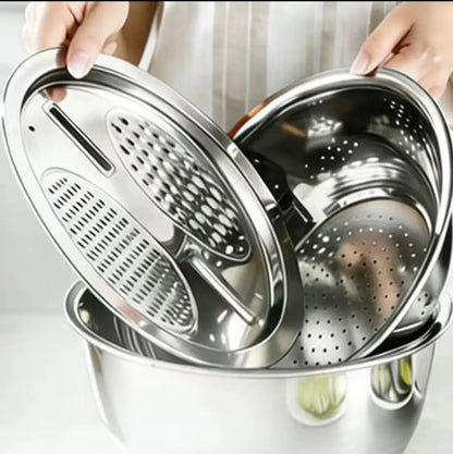 3PCS Multi-Functional Thickened Stainless Steel Bowls with Draining Basket – Perfect for Washing Veggies, Rinsing Rice, Colander & Mixing Bowl, Durable Rust-Proof, Space-Saving Nesting Design, Dishwasher Safe, Essential Versatile Kitchen Set