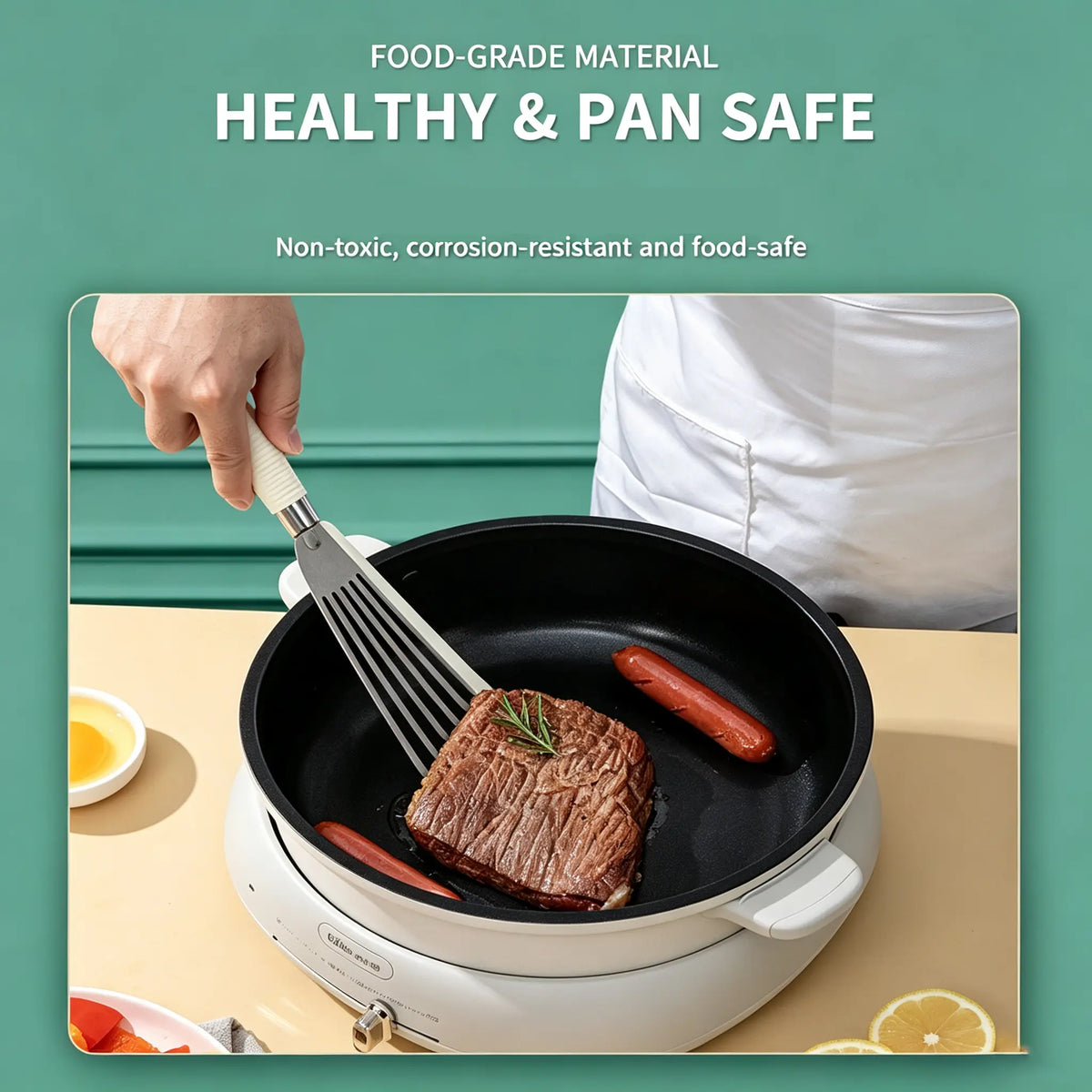Food Grade Silicone Edge Stainless Steel Slotted Fish Spatula Non-stick Pan Safe Steak Frying Turner Heat Resistant Kitchen Cooking Utensil