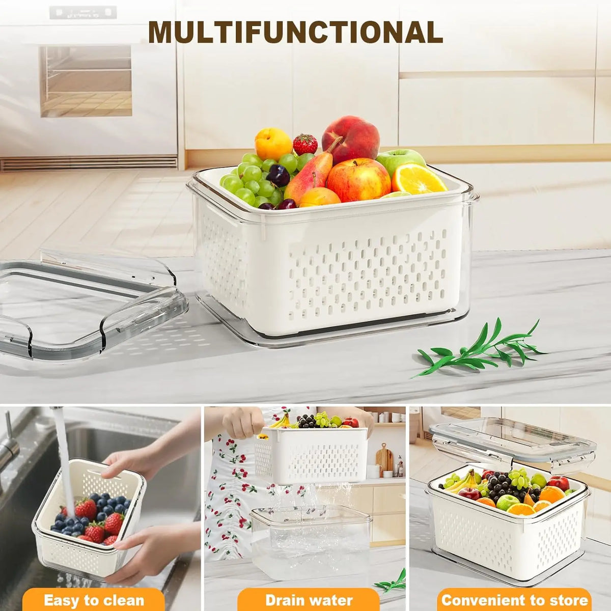 Food Grade PP Washing Basket with Removable Colander Airtight Lid Leakproof Dustproof BPA Free Produce Saver 4PCS 6PCS Set,sohochic
