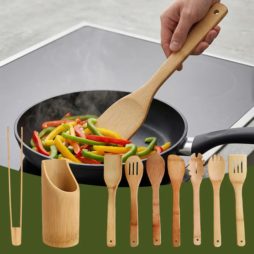 9 Pcs Bamboo Cooking Utensils Set - Nonstick Kitchen Tools with Smooth Finish, Includes Spatula, Slotted Turner, Soup Ladle, Solid Spoon, Scraper, Tongs, Strainer with Round Holes, Healthy Wooden Utensils