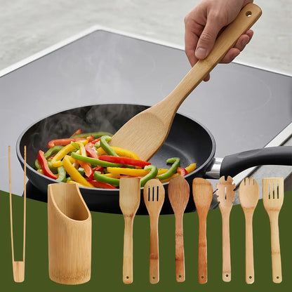 9 Pcs Bamboo Cooking Utensils Set - Nonstick Kitchen Tools with Smooth Finish, Includes Spatula, Slotted Turner, Soup Ladle, Solid Spoon, Scraper, Tongs, Strainer with Round Holes, Healthy Wooden Utensils