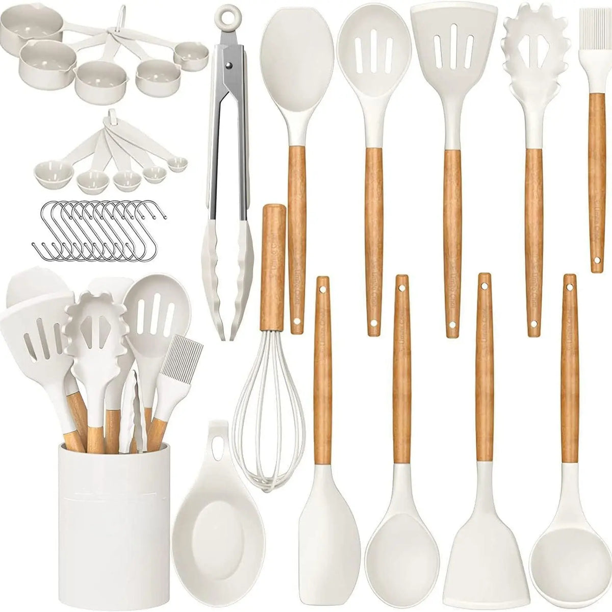 [New Deal] 33 PCS Non-Stick Silicone Kitchen Utensils Set with Wooden Handles & Holder – Versatile Cooking Tools for Pasta, Spatulas & More Cookware  Sturdy, Nonstick Cooking Spoon