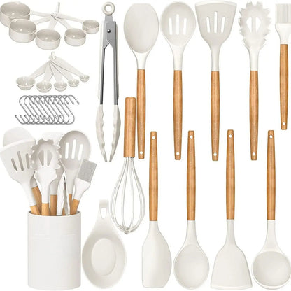 [New Deal] 33 PCS Non-Stick Silicone Kitchen Utensils Set with Wooden Handles & Holder – Versatile Cooking Tools for Pasta, Spatulas & More Cookware  Sturdy, Nonstick Cooking Spoon