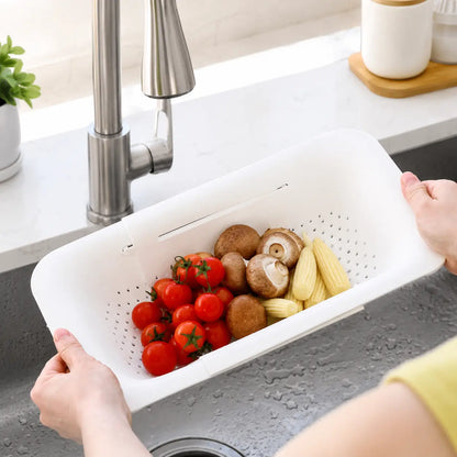 Expandable Sink Colander Basket - Lightweight Rectangular PP Plastic Adjustable Strainer for Vegetable & Fruit Washing, Drain & Rinse, Meal Prep & Everyday Use Kitchen Gadget for Home Cooks with Handles