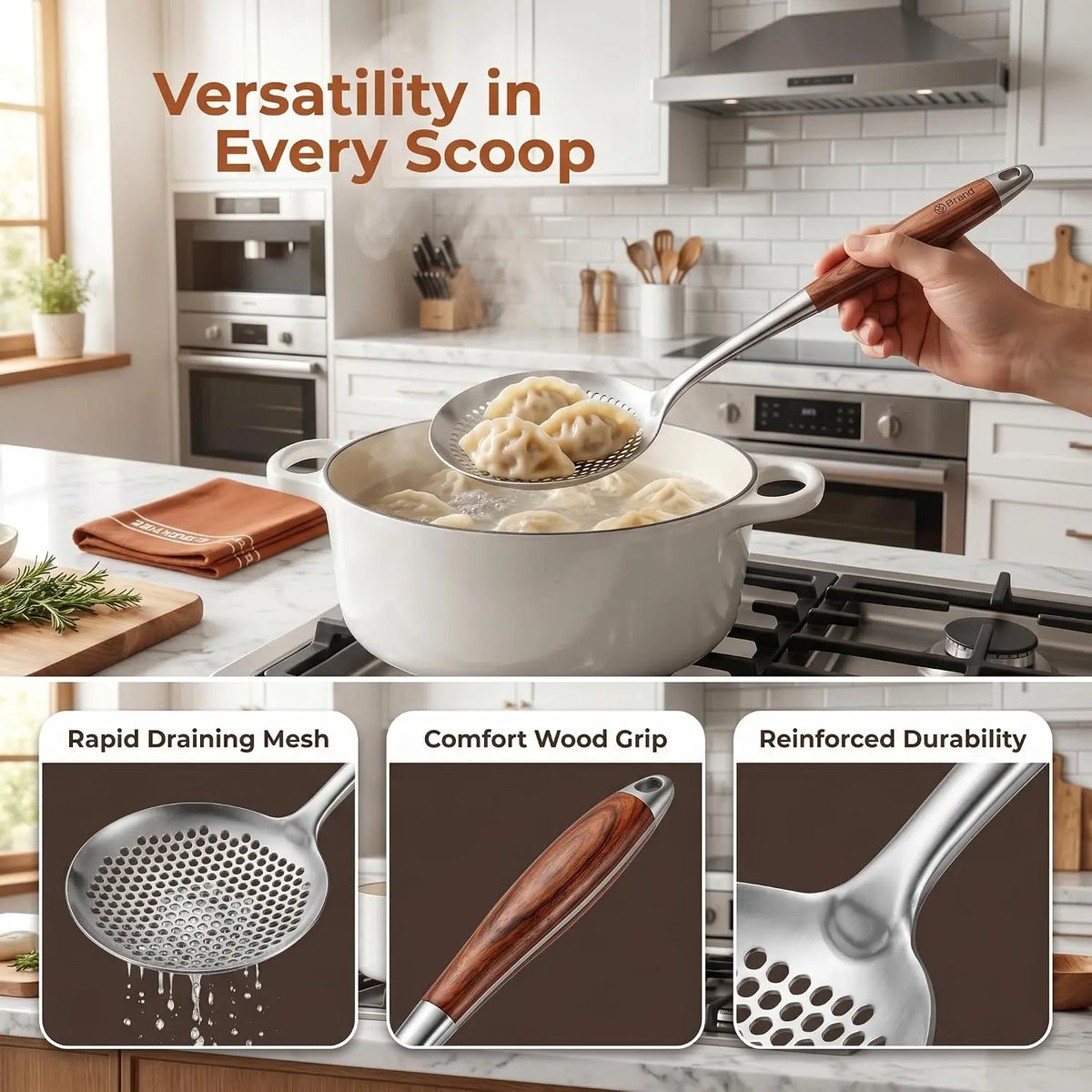 Wooden Handle Stainless Steel Skimmer, Skimmer Slotted Spoon, Ladle Spoon with Heat-Resistant Long Handle, Extra Thick Spider Strainer for Deep Frying, Boiling & Fast Oil Draining