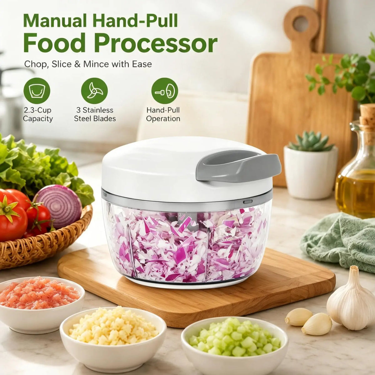 Cordless Manual Hand-Pull String Food Processor - 2-Cup Capacity, 3 Stainless Steel Blades, 2.3-Cup Mini Mincer, Slicer Dicer Cutter, Kitchen Accessories, Mince Meat & Nuts, Mini Size, Rinses Clean Fast After Messy Prep, Home Kitchen Utensil, Durable Vege