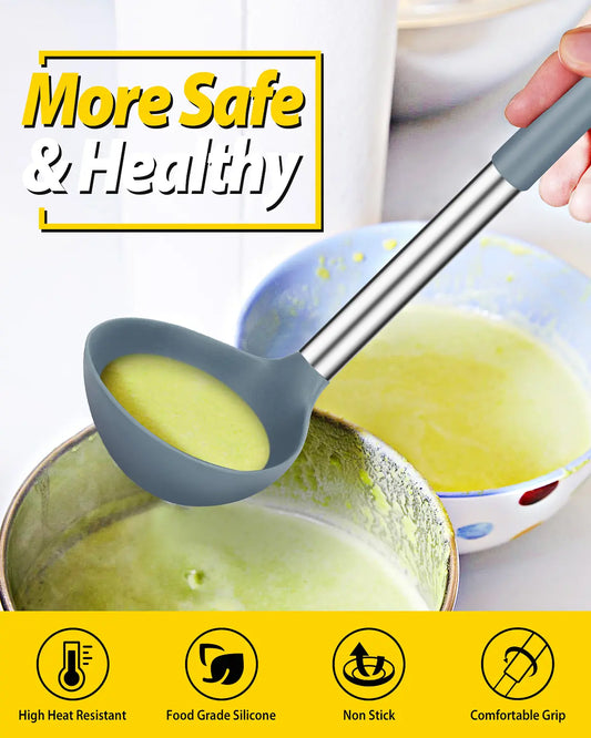 Pack of 2 Ladle Spoon,Silicone Large Spoon for Soup, Grey-Blue,Stainless,Hanging Non Stick Kitchen Utensils,For Cooking,Stirring,Serving Soups