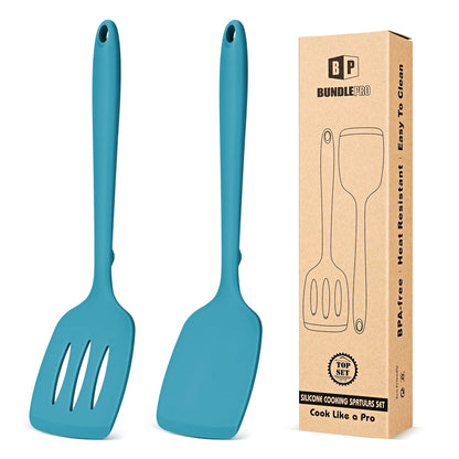 BUNDLEPRO Khaki Kitchen Utensils Set - 2-Piece Non-Stick Slotted Silicone Spatula Turner, 1-Piece Solid Silicone Cooking Spoon, Heat-Resistant BPA-Free, Protects Pot Coats, Ideal for Family Daily Use, Cooking Fish & Pancakes