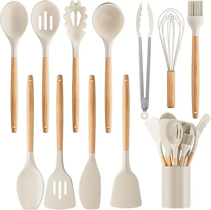 12-piece/44-piece Non-Stick Food Grade Silicone Kitchen Utensil Set with Wood Handle Black, Flexible Head, Easy Hanging Hole, Safe, Easy to Clean, Hand Wash, Kitchen Gadgets for Mixing, Cooking, Ideal Gift