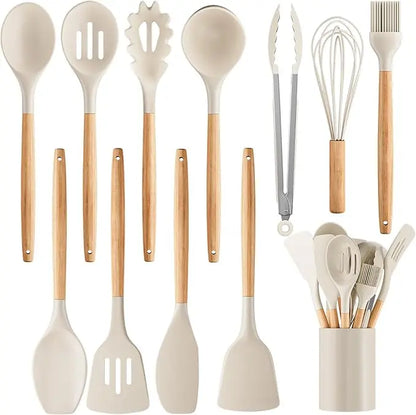 12-piece/44-piece Non-Stick Food Grade Silicone Kitchen Utensil Set with Wood Handle Black, Flexible Head, Easy Hanging Hole, Safe, Easy to Clean, Hand Wash, Kitchen Gadgets for Mixing, Cooking, Ideal Gift