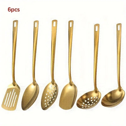Stainless Steel Utensils 6-Piece Bundle Set Spatulas & Turners - Gold, Black, Silver Multi-Piece Set, Includes Serving Spatula, Rice Spoon, Skimmer, Soup Spoon, Mirror-Polished, Dishwasher Safe for Buffets, Gatherings