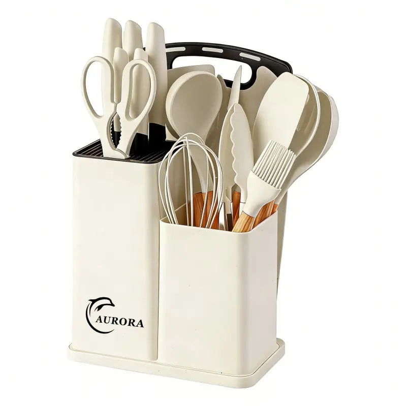sohochic19-Piece Kitchen Utensils Kit - Wooden Cooking Tools, Silicone Spatula Set, Holder, Cutting Board, Non-Stick Modern Cookware with Lid Spoon, White & Pink Home Kitchen Options, Cooking Set