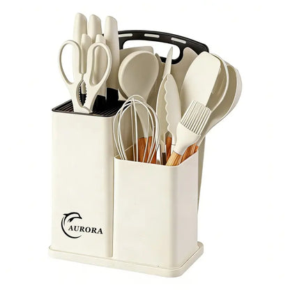 sohochic19-Piece Kitchen Utensils Kit - Wooden Cooking Tools, Silicone Spatula Set, Holder, Cutting Board, Non-Stick Modern Cookware with Lid Spoon, White & Pink Home Kitchen Options, Cooking Set