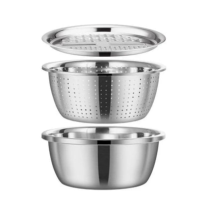 3PCS Sturdy Multi-Functional Thick Stainless Steel Bowls with Strainer Basket - Kitchen Utensils, Food Colander Kitchenware, Filtration Basket, Space-Saving Nesting, Dishwasher Safe, Rust-Proof Essential Set (for Veggie Washing, Rice Rinsing)