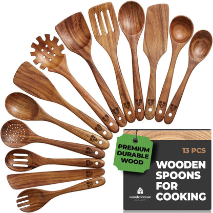 Wooden Spoons for Cooking – 10 Pcs Non Toxic Teak Kitchen Utensils Set