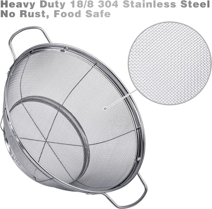 3 Pack 18/8 Stainless Steel Colander Sieves(5-Quart, 4-Quart and 3-Quart), Mesh Strainer Net Baskets with Handles & Resting Base for Strain, Drain, Rinse or Steam