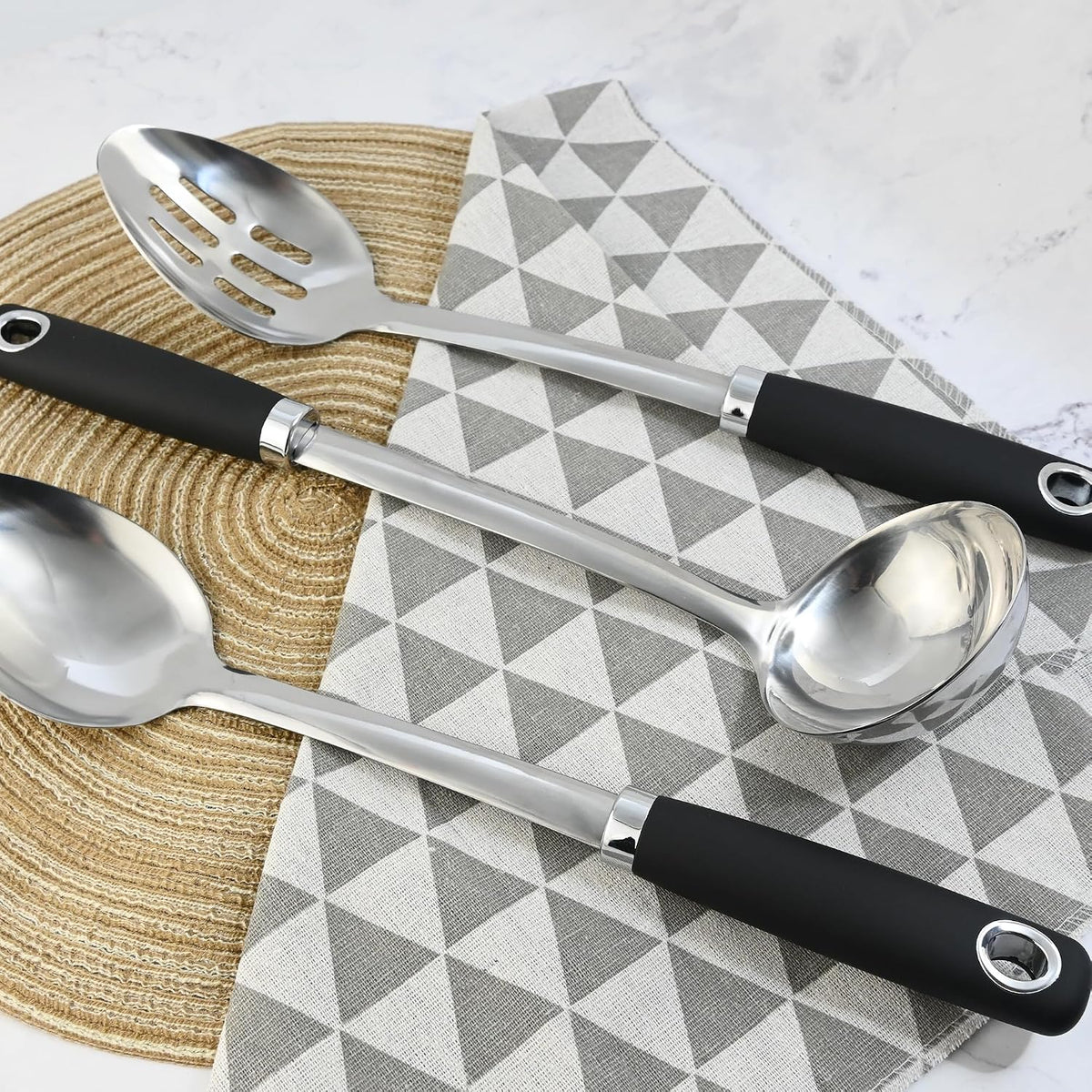 14-in Cooking Spoons Set, Heavy Duty 18/0 Stainless Steel Large Serving Spoons Set, Slotted Spoon, Cooking Spoon & Soup Ladle, Commercial and Residential Use, Pack of 3